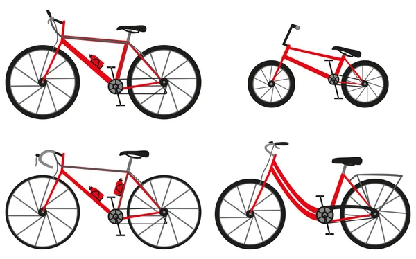 Bisiklet ve dört çeşit: dağ (veya kros) Bisiklet, yol bisikleti, şehir bisikleti ve bmx bisiklet. Vektör çizim. — Stok Vektör