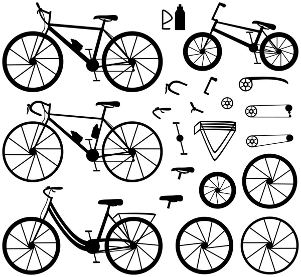 Cuatro tipos de bicicletas: mountain (o cross-country), road bike, city bike y bmx bike. Accesorios de bicicleta. Ilustración vectorial . — Vector de stock