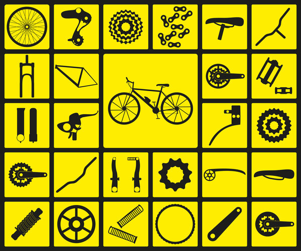 Set of black silhouette icons of bicycle spare parts. Twenty seven icons, infographic elements. Vector illustration