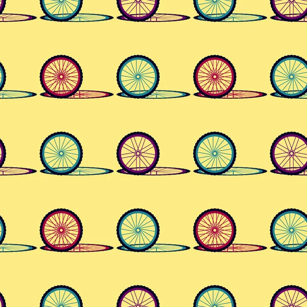 Бесшовный рисунок с велосипедными колесами. Велосипедные колеса с цветными шинами, ободками и спицами. Векторная иллюстрация . — стоковый вектор