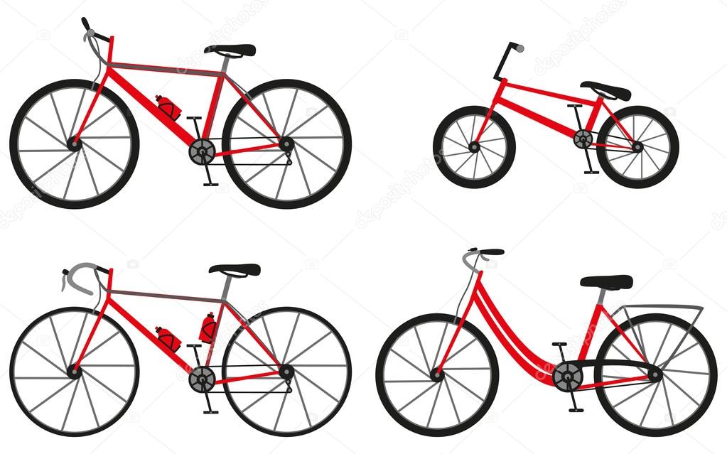 Four kinds of bicycles: mountain (or cross-country) bike, road bike, city bike and bmx bike. Vector illustration.