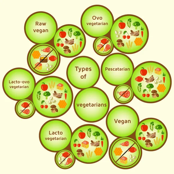 Vejetaryen türleri Infographic. Çeşitli diyetler. Çiğ vegan, ovo vejetaryen, lacto-ovo vejetaryen, pescatarian (pescetarian), lacto vejetaryen, vegan. Vektör rengi çizim — Stok Vektör
