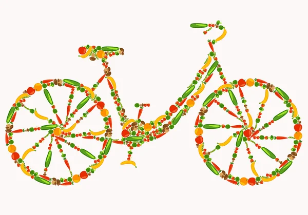 Vélos végétaliens. Mode de vie sain. Beau fond avec des fruits, légumes, baies et champignons. Illustration vectorielle couleur — Image vectorielle