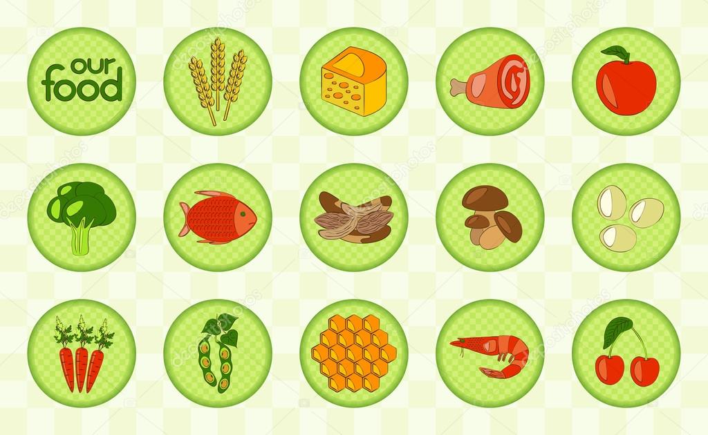Colorful food set with corn, dairy products, meat, vegetables, seafood, eggs, berry and honey. Checked design. Vector illustration.