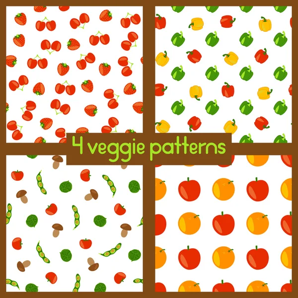 Vegetarische naadloze patronen. Gezonde levensstijl. Veggie achtergronden met fruit, groenten, bessen en paddestoelen. Vectorillustratie kleur. — Stockvector