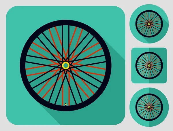 Ícone de roda. Peças de bicicleta. Projeto longo plano da sombra. Bicicleta ícones série . —  Vetores de Stock