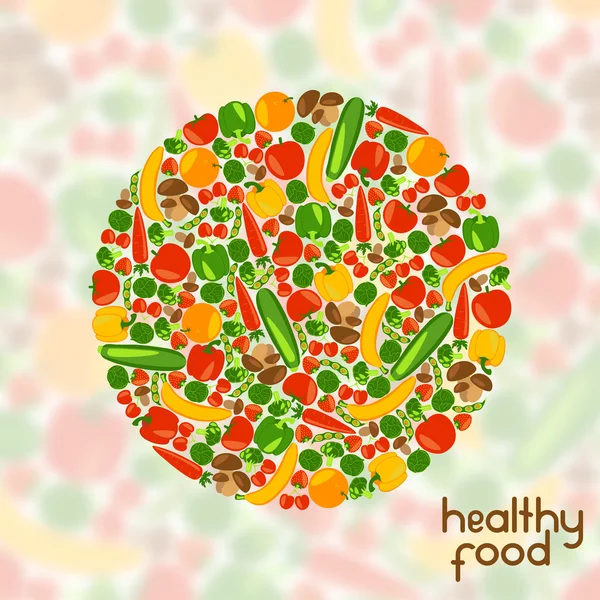 Vegetarian background. Healthy food. Beautiful circle with fruits, vegetables, berries and mushrooms on blurred background. Vector color illustration. — Stockový vektor