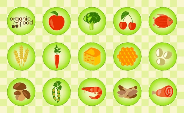 Coloridos alimentos orgánicos con maíz, productos lácteos, carne, verduras, mariscos, huevos, bayas y miel. Logo de alimentos ecológicos. Comprobé el fondo. Ilustración vectorial . — Archivo Imágenes Vectoriales
