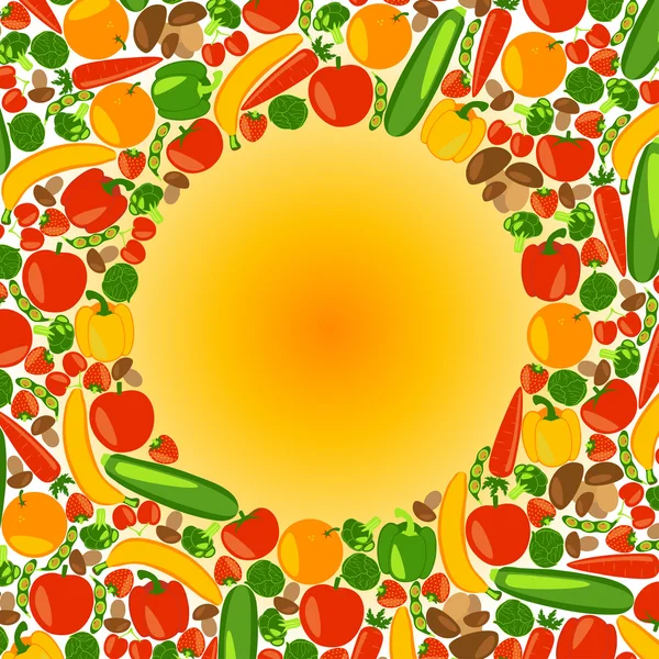 Vegetarische achtergrond. Gezonde levensstijl. Mooie achtergrond met fruit, groenten, bessen en paddestoelen. Vectorillustratie kleur. — Stockvector