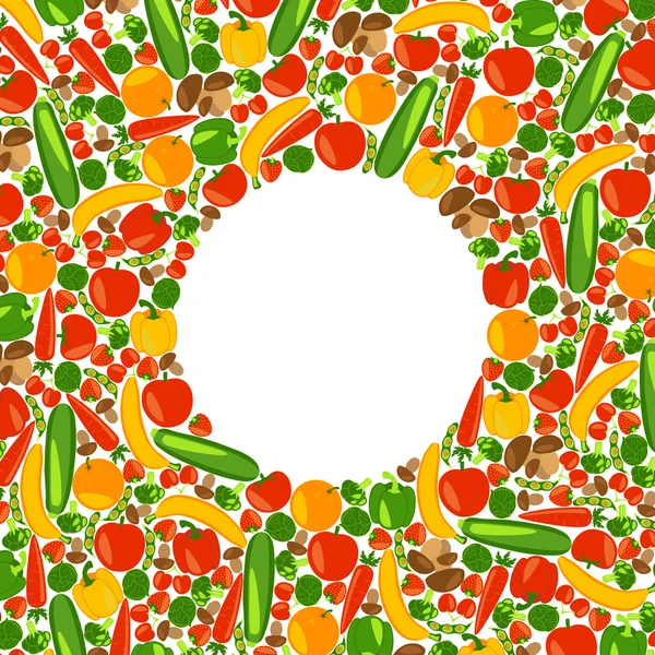 Fond végétarien. Mode de vie sain. Beau fond avec des fruits, légumes, baies et champignons. Illustration vectorielle couleur . — Image vectorielle