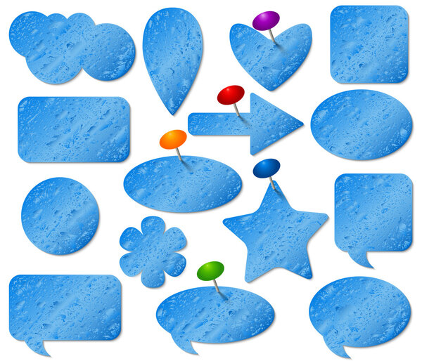 Blue stickers set with misted glass effect and colored pushpins.
