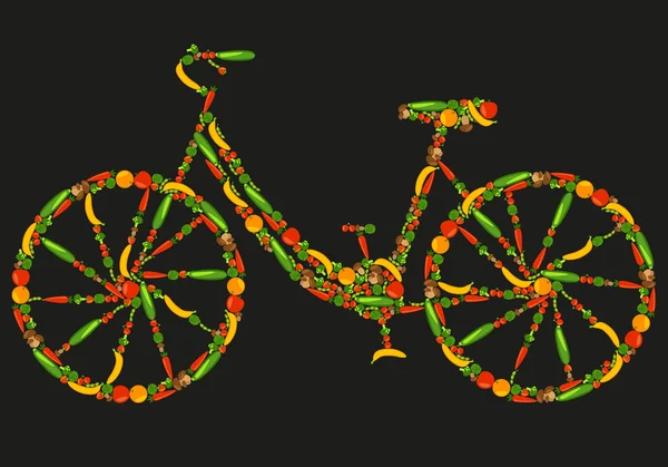 Veganes Fahrrad. Gesunder Lebensstil. schöner Hintergrund mit Obst, Gemüse, Beeren und Pilzen. Vektorfarbige Illustration — Stockvektor