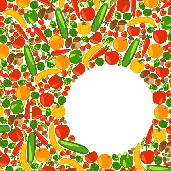 Fondo vegetariano. Estilo de vida saludable. Hermoso fondo con frutas, verduras, bayas y champiñones. Ilustración a color vectorial . — Vector de stock