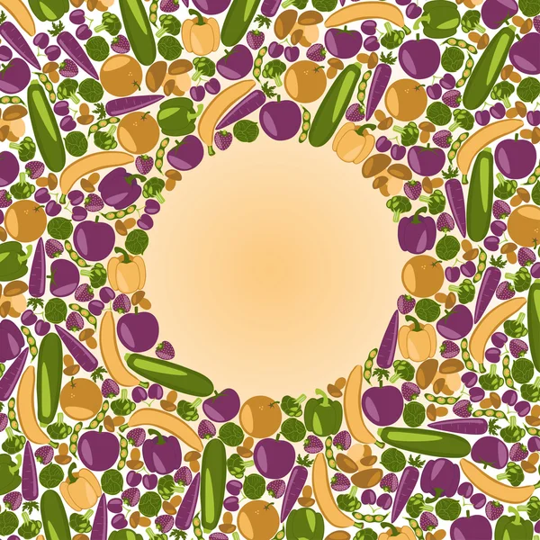 Fondo vegetariano con lugar para su texto. Estilo de vida saludable. Hermoso fondo con frutas, verduras, bayas y champiñones. Ilustración a color vectorial . — Vector de stock