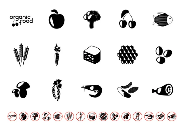 Set de alimentos con siluetas negras de maíz, productos lácteos, carne, verduras, mariscos, huevos, bayas y miel. Comida ecológica, sin gmo. Ilustración vectorial . — Vector de stock