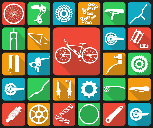 Set of flat icons of bicycle spare parts. Twenty seven icons, infographic elements. Flat long shadow design. Vector illustration
