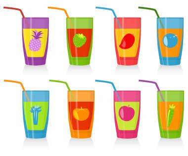 Suyu ile renkli gözlük dizi. Vejetaryen kafeterya, çocuk menüsü, taze barlar için iyi.