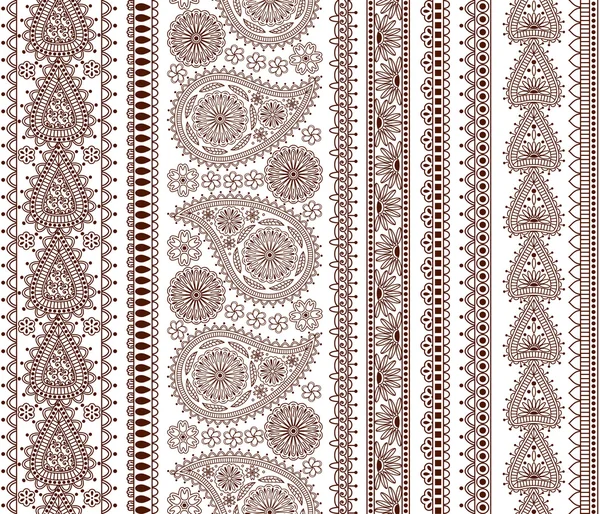 Set di bordi ornamentali senza cuciture in stile indiano. Buono per arredamento, tatuaggio all'hennè, ecc . — Vettoriale Stock