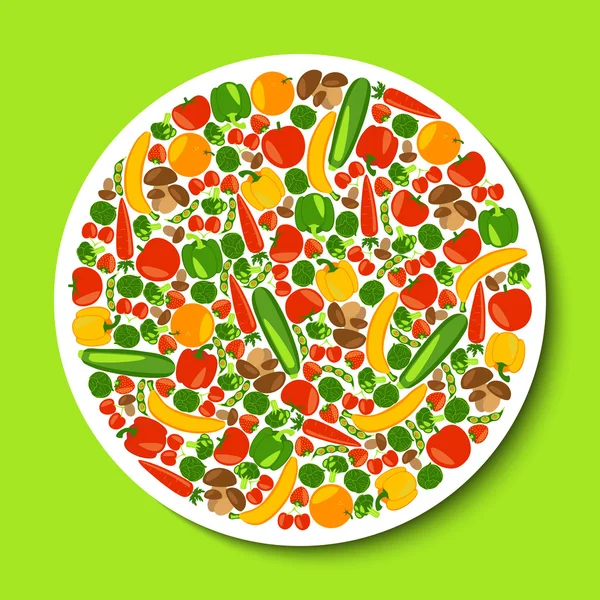 Vegetarian background. Healthy food. Beautiful circle with fruits, vegetables, berries and mushrooms. Vector color illustration. — Stock Vector