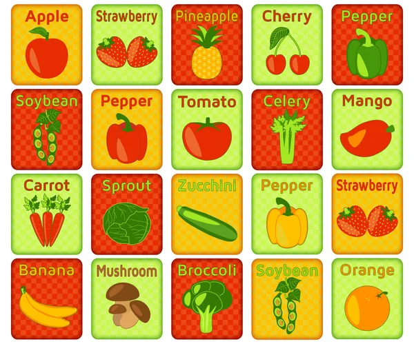 Kleurrijke biologisch voedsel instellen met fruit, groenten, bessen, sojabonen en paddestoelen. Exotische en gebruikelijke markten. Gecontroleerd vierkante achtergrond in rode, groene en gele kleuren. Vectorillustratie. — Stockvector