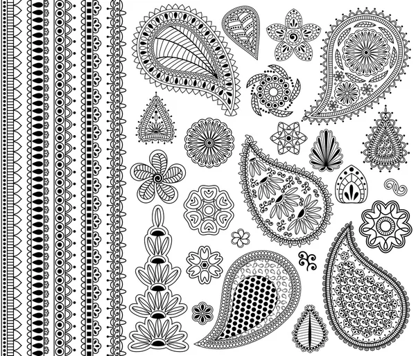 Vector vintage floral doodle elements. Flowers, payslies and five seamless borders. — Stock Vector