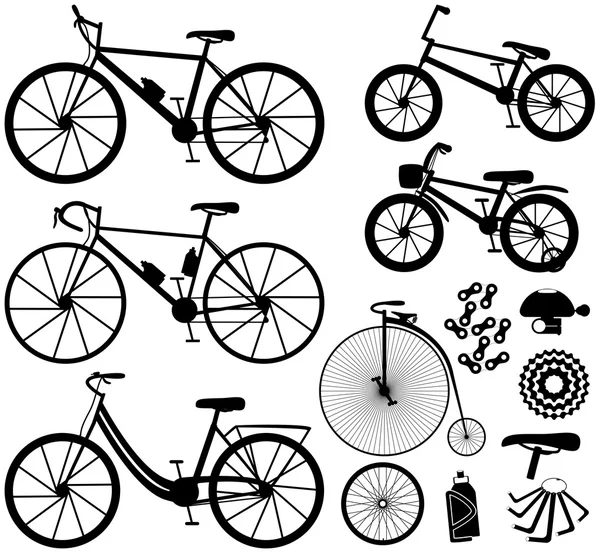 Sechs Arten von Fahrrädern: Mountainbike (oder Cross-Country), Rennrad, Stadtrad, BMX-Rad, Kinderfahrrad und Penny-Fahrrad (oder Retro, Vintage). und etwas Fahrradzubehör. Vektorillustration. — Stockvektor