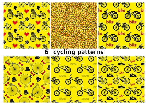 六つのシームレスな自転車パターン。心と花の都市の自転車。Bmx 自転車。マウンテン バイク。子供の自転車。ペニーおなら自転車 (レトロ) 帽子と蝶ネクタイ。ベクトル図 — ストックベクタ