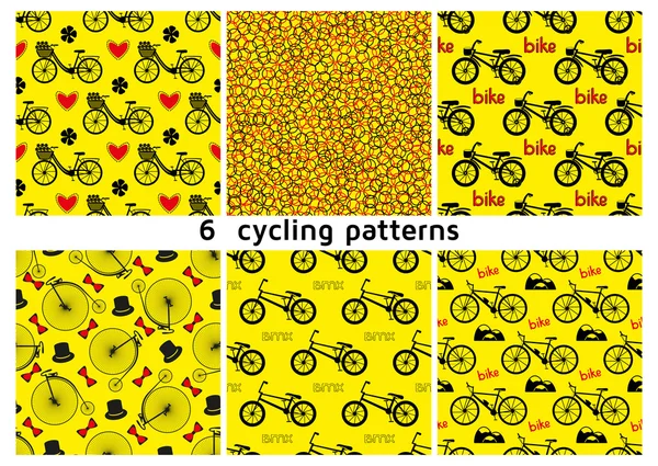 Seis patrones de bicicleta sin costuras. Ciudad en bicicleta con corazones y flores. Bici BMX. Bicicleta. Bicicleta infantil. Penny pedorreando bicicleta (retro) con sombreros y pajaritas. Ilustración vectorial — Archivo Imágenes Vectoriales