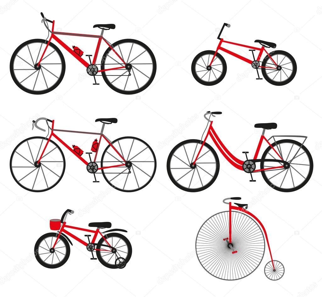 Six kinds of bicycles: mountain (or cross-country) bike, road bike, city bike, bmx bike, kids bike and Penny farting bike (or retro, vintage).  Vector illustration.
