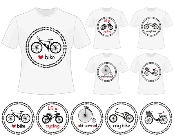 Kerékpáros vektor címkéket a t-shirt design. Kerékpár téma nyomatok halmaza. Elszigetelt fekete sziluettek, mountain bike, gyerek kerékpár, retro kerékpár, városi kerékpár, Bmx kerékpár-ban körök lánc. — Stock Vector