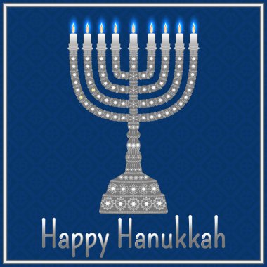 Hanukkah menorah ve metin Mutlu Hanuka arka plan. Mumlar, David star ve mücevher. Güzel tebrik kartı.