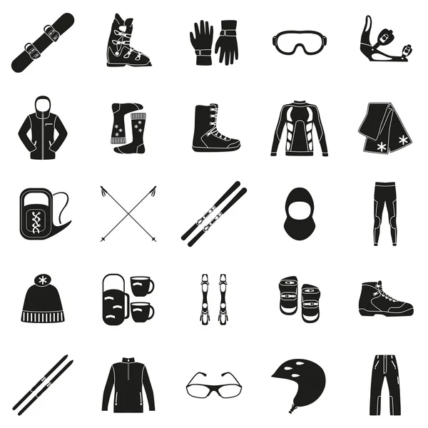 Set of equipment, cloth and shoes for winter kind of sports. Snowbord, mountain skies, cross country skies. Special protection cloth and shoes. Silhouette design. Ski icons series. Vector illustration. — Stock Vector