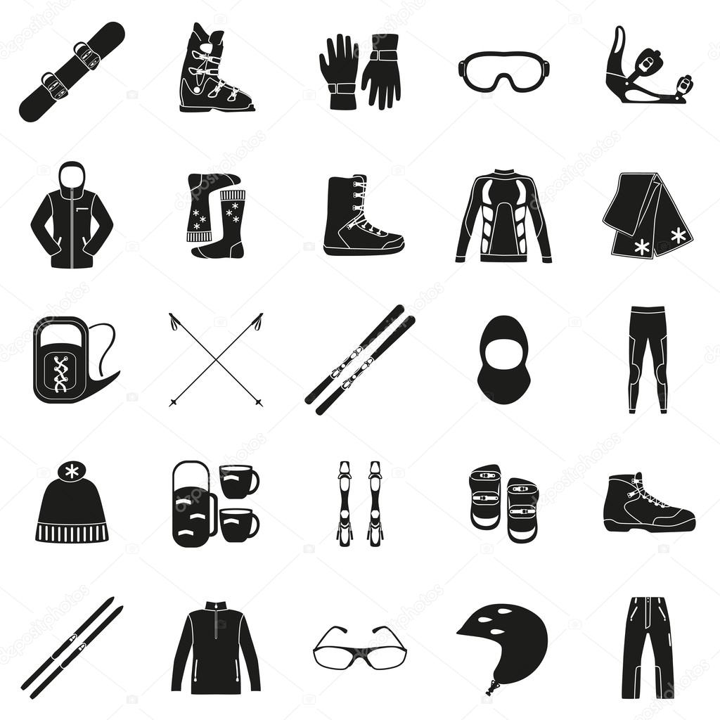 Set of equipment, cloth and shoes for winter kind of sports. Snowbord, mountain skies, cross country skies. Special protection cloth and shoes. Silhouette design. Ski icons series. Vector illustration.