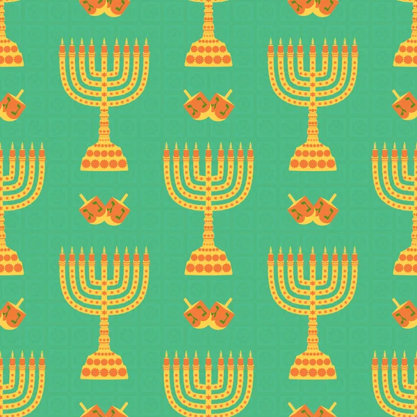 Hanoukka fond avec menorah, dreidels, bougies. Beau fond sans couture — Image vectorielle