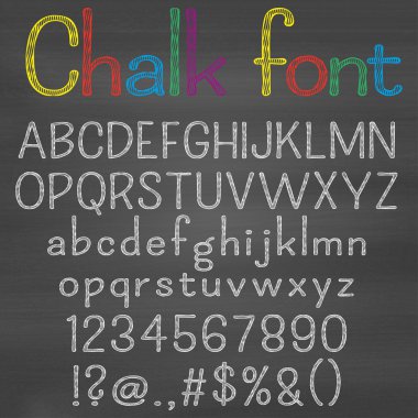 Hand drawn font on chalk background. Alphabet, numbers, punctuation marks. One letter, one compound path. Easy to change colors for your design.