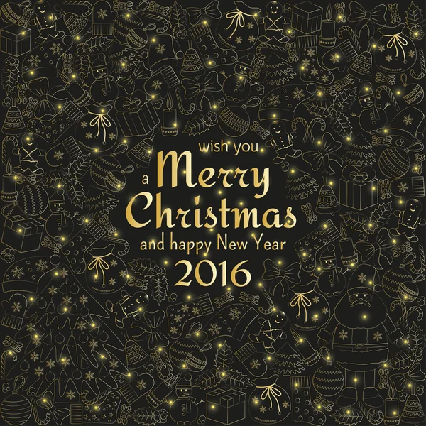 Julkort med texten önskar dig en god jul och många vinter doodles. Santa, leksaker, cookies, snögubbar, fir, godis, strumpor, gåvor, pilbågar, snöflingor, stjärnor, hollies, vantar, etc. — Stock vektor