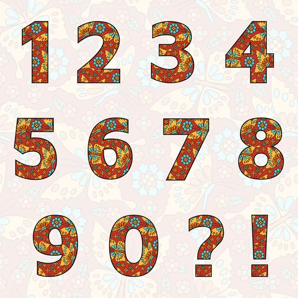 Set of numbers with flowers and butterflies (you can change all colors for your design). Good for invitations and birthday cards. Zero 0 One 1 Two 2 Three 3 Four 4 Five 5 Six 6 Seven 7 eight 8 nine 9. — 스톡 벡터