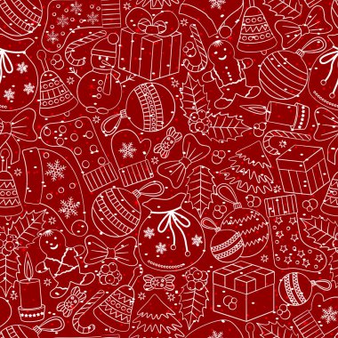 Christmas seamless background with many winter doodles. Greating card. Toys, cookies, snowmen, fir, candies, socks, gifts, bows, snowflakes, stars, hollies, mittens, red