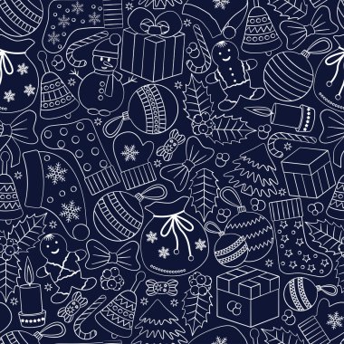 Christmas seamless background with many winter doodles. Greating card. Toys, cookies, snowmen, fir, candies, socks, gifts, bows, snowflakes, stars, hollies, mittens, blue