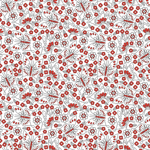 Motif sans couture avec des fleurs et des papillons en rouge, noir et blanc. Mignon fond de printemps . — Image vectorielle