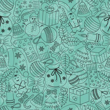 Noel sorunsuz arka plan birçok kış karalamalar ile. Greating kartı. Oyuncaklar, tanımlama bilgileri, kardan adam, köknar, şekerler, çorap, hediyeler, yay, kar taneleri, yıldız, hollies, eldivenler, turkuaz, vb.
