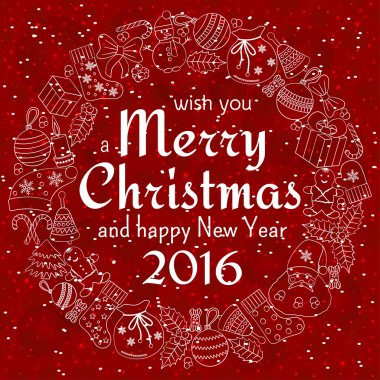 Noel tebrik kartı metinle Merry Christmas ve çelenk birçok kış karalamalar ile isterdim. Noel Baba, oyuncaklar, tanımlama bilgileri, kardan adam, köknar, şekerler, çorap, hediyeler, yay, kar taneleri, hollies, eldivenler, kırmızı.