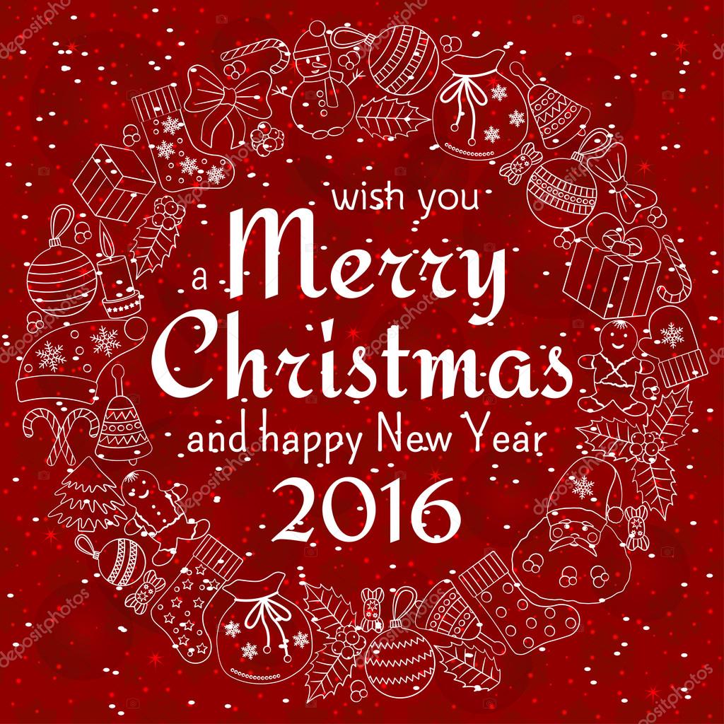 Christmas greeting card with text wish you a Merry Christmas and wreath with many winter doodles. Santa, toys, cookies, snowmen, fir, candies, socks, gifts, bows, snowflakes, hollies, mittens, red.