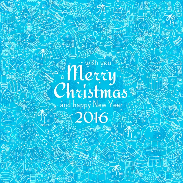 圣诞贺卡与文本祝你圣诞快乐，许多冬季涂鸦。圣诞老人，玩具、 饼干、 堆雪人、 fir、 糖果、 袜子、 礼品、 弓、 雪花、 星星、 冬青树、 手套等. — 图库矢量图片