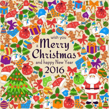 Noel tebrik kartı metinle Merry Christmas ve birçok kış karalamalar isterdim. Noel Baba, oyuncaklar, tanımlama bilgileri, kardan adam, köknar, şekerler, çorap, hediyeler, yay, kar taneleri, yıldız, hollies, eldivenler, vb.