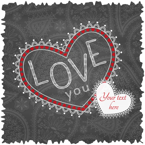 Floral paisley background with indian ormament, hearts and place for your text. Beautiful card for Valentines day, weddings, etc. Chalkboard background. — Stock Vector