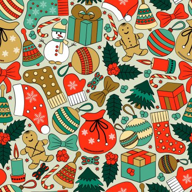 Noel sorunsuz arka plan birçok kış karalamalar ile. Greating kartı. Oyuncaklar, tanımlama bilgileri, kardan adam, köknar, şekerler, çorap, hediyeler, yay, kar taneleri, yıldız, hollies, eldivenler, vb.