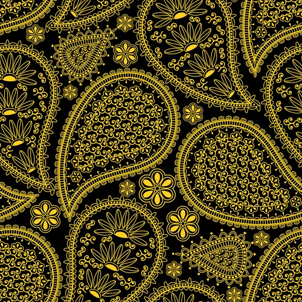 Padrão sem costura em estilo indiano. Ornamento étnico com flores e paisleys. Elementos dourados (amarelos) sobre fundo preto — Vetor de Stock