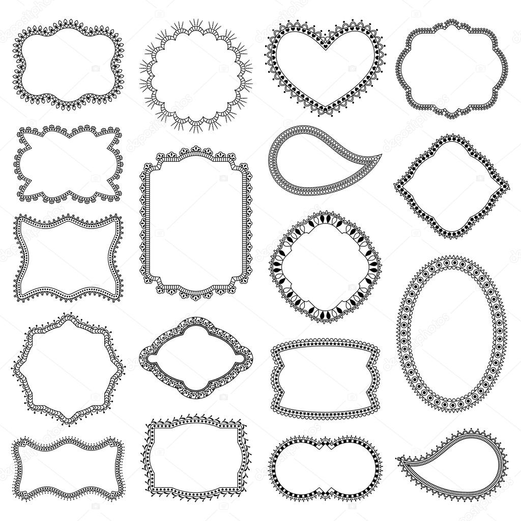 Set of decorative frames with flowers, swirls and hearts. Isolated on white background