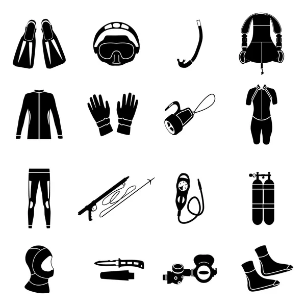 Equipo de buceo. Deporte bajo el agua, mar de agua, guante y linterna, máscara y snorkel, ilustración vectorial — Vector de stock